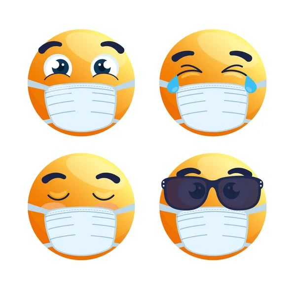 Set di emoji indossando maschera medica, volti gialli con una maschera chirurgica bianca, icone per covid 19 focolaio di coronavirus — Vettoriale Stock
