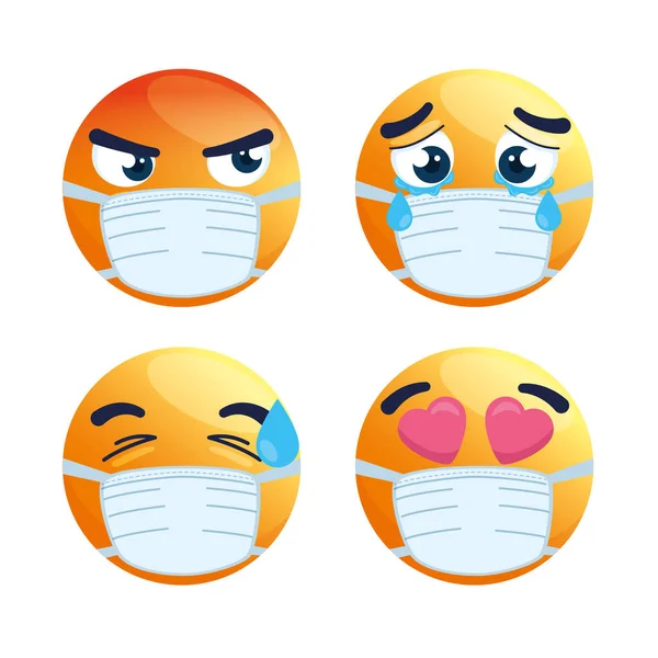 Set di emoji indossando maschera medica, volti gialli con una maschera chirurgica bianca, icone per covid 19 focolaio di coronavirus — Vettoriale Stock