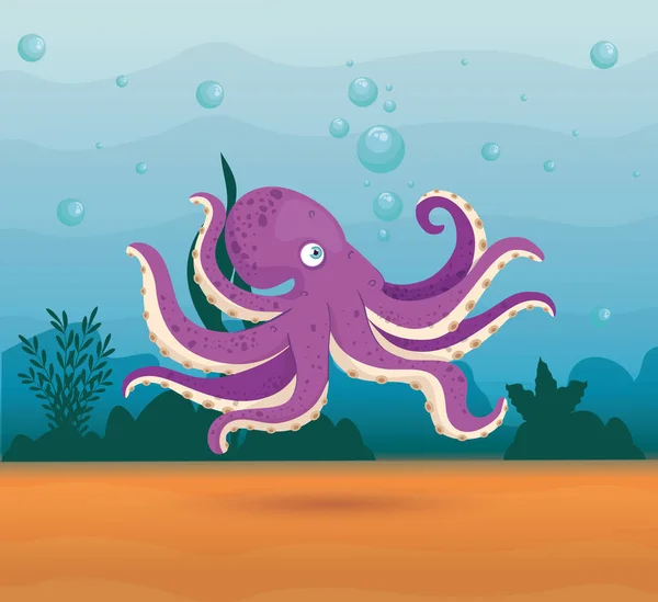 Pulpo animal marino en el océano, habitante del mundo marino, linda criatura submarina, hábitat marino — Vector de stock