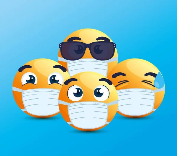 Conjunto de emoji con máscara médica, caras amarillas con máscaras quirúrgicas blancas, iconos para el brote de coronavirus covid 19 — Archivo Imágenes Vectoriales
