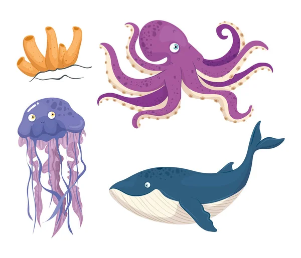 Rorqual bleu animal marin dans l'océan, avec des créatures sous-marines mignonnes, habitat marin — Image vectorielle