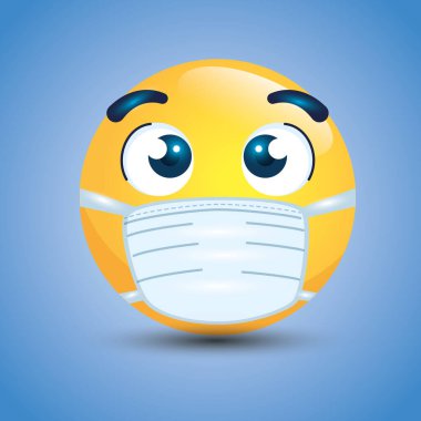 Tıbbi maske takan açık gözlü emoji, beyaz cerrahi maskeli sarı yüz, kovid 19 koronavirüs salgını ikonu.