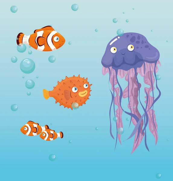 Meduse animali marini in oceano, con pesci ornamentali, abitanti del mondo marino, simpatiche creature sottomarine, habitat marino — Vettoriale Stock