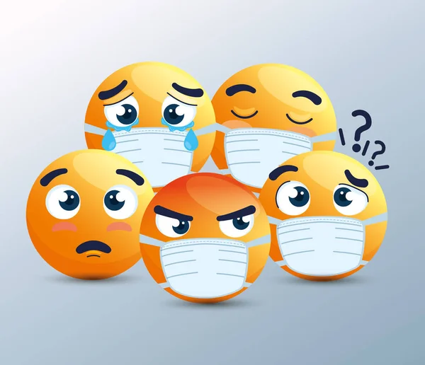 Set di emoji indossando maschera medica, volti gialli con maschere chirurgiche bianche, icone per covid 19 focolaio di coronavirus — Vettoriale Stock