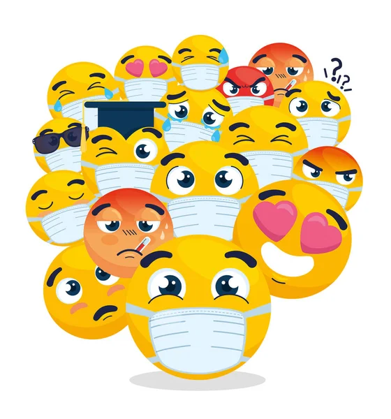 Ensemble d'emoji portant un masque médical, visages jaunes avec des masques chirurgicaux blancs, icônes pour l'épidémie de coronavirus covid 19 — Image vectorielle