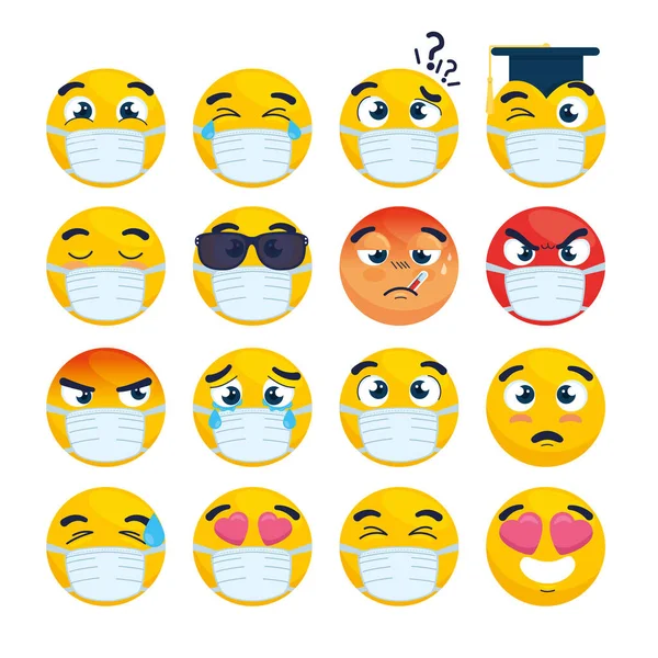 Conjunto de emoji con máscara médica, caras amarillas con una máscara quirúrgica blanca, iconos para el brote de coronavirus covid 19 — Vector de stock