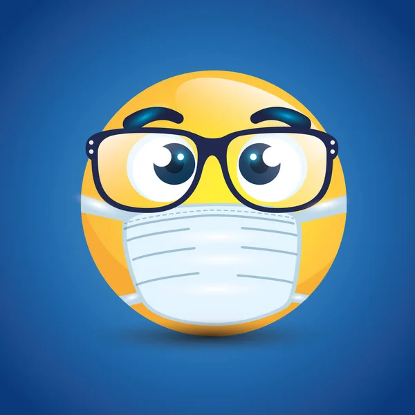 Emoji con occhiali indossando maschera medica, viso giallo con occhiali una maschera chirurgica bianca, icona per covid 19 coronavirus focolaio — Vettoriale Stock