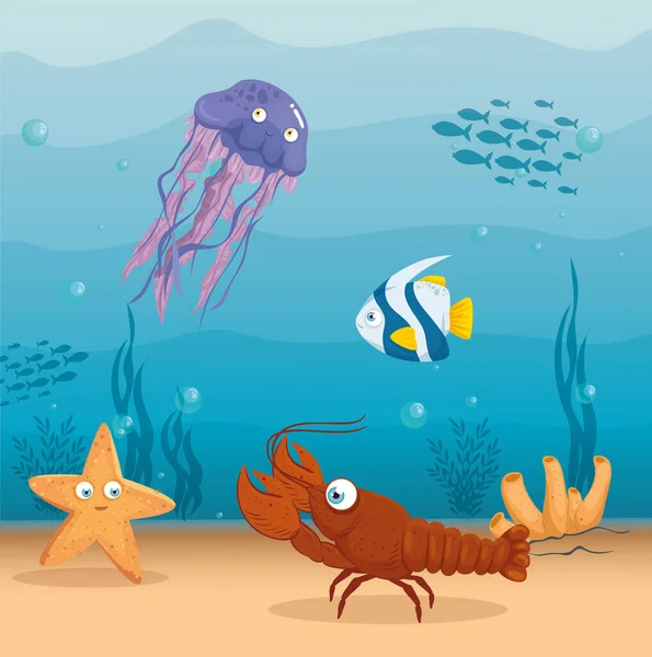 lobster with fish and wild marine animals in ocean, seaworld dwellers, cute underwater creatures,habitat marine concept