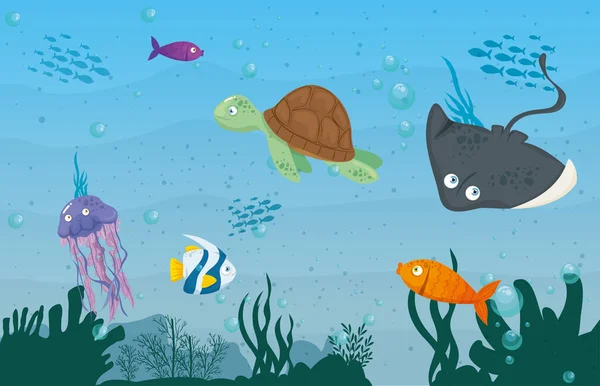 Stingray ζώο της θάλασσας στον ωκεανό, με χαριτωμένα υποβρύχια πλάσματα, βιότοπος θαλάσσια — Διανυσματικό Αρχείο