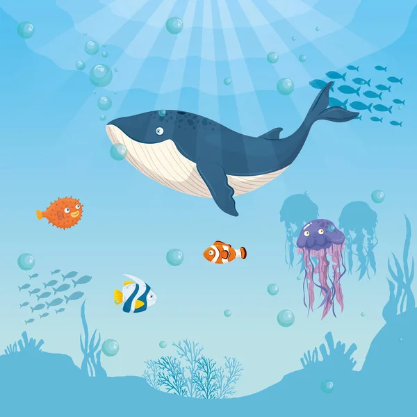 Baleia azul animal marinho no oceano, com peixes ornamentais e água-viva, moradores do mundo do mar, criaturas subaquáticas bonitos, habitat marinho —  Vetores de Stock