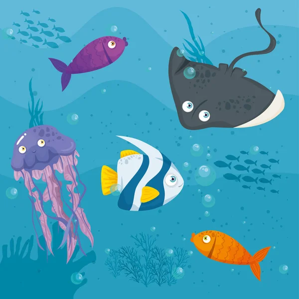 Stingray animale marino in oceano, con simpatiche creature sottomarine, habitat marino — Vettoriale Stock