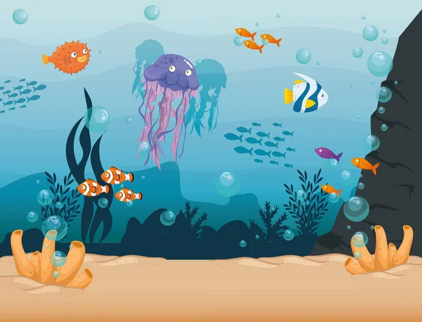 Медуза з рибами дикі морські тварини в океані, жителі морського світу, милі підводні істоти, що населяють морську концепцію — стоковий вектор
