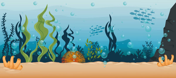 underwater background, undersea reef, ocean with marine algae scene, habitat marine concept
