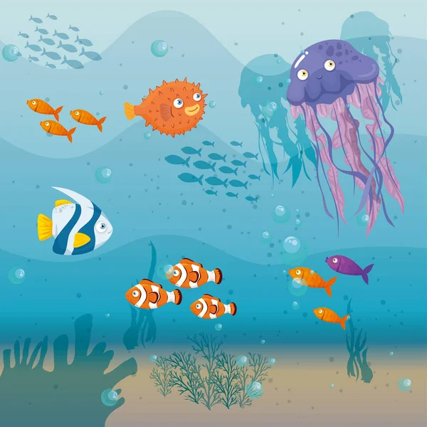 Medusas animales marinos en el océano, con peces ornamentales, habitantes del mundo marino, criaturas submarinas lindas, hábitat marino — Vector de stock