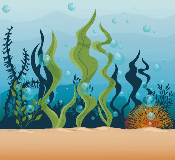 Underwater background, undersea reef, ocean with marine algae scene, habitat marine concept — Stock Vector
