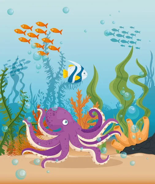 Polpo con pesci animali marini in oceano, abitanti del mondo marino, creature sottomarine carine, concetto di habitat marino — Vettoriale Stock