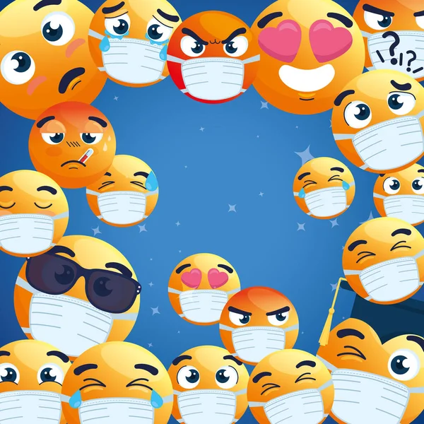 Cornice di emoji indossando maschera medica, volti gialli con maschera chirurgica bianca, icone per covid 19 focolaio coronavirus — Vettoriale Stock