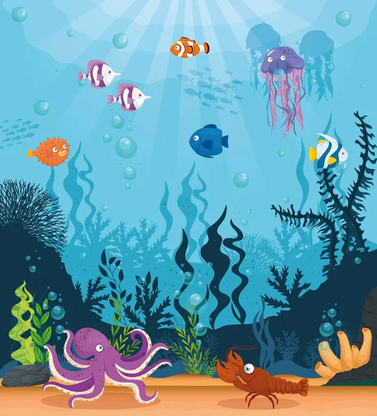 Bläckfisk med fiskar vilda havsdjur i havet, havsvärld invånare, söta undervattensvarelser, livsmiljö marint koncept — Stock vektor