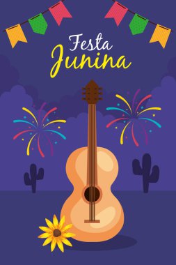 Gitar ve dekorasyonlu ziyafet Junina, Brezilya Haziran festivali, kutlama dekorasyonu
