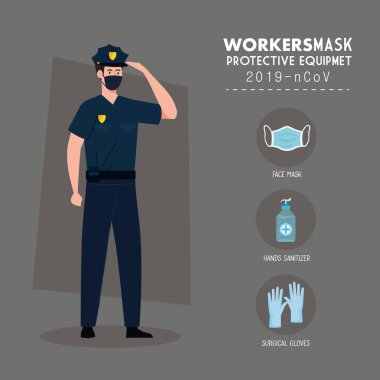 Korunma koronavirüsünü önlemek için koruma ekipmanıyla birlikte Coperid 19 sırasında yüz maskesi takan polis.