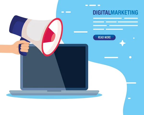 Marketing online digital para negócios e marketing de mídia social, marketing de conteúdo, laptop e mão com megafone — Vetor de Stock