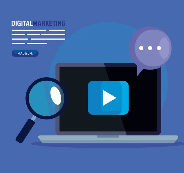 Marketing digitale online per il business e social media marketing, laptop e icone di marketing — Vettoriale Stock
