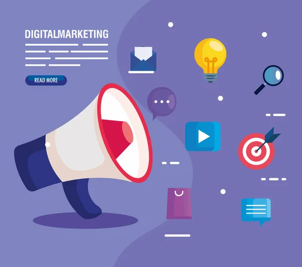 Marketing online digital para empresas y redes sociales, megáfonos e iconos del marketing — Vector de stock
