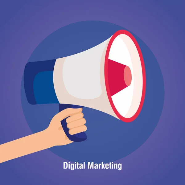 Digitale online marketing voor zakelijke en sociale media marketing, content marketing, hand in hand met megafoon — Stockvector