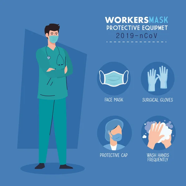 Paramédico usando máscara médica contra 2019 ncov com equipamento de proteção prevenção coronavírus —  Vetores de Stock