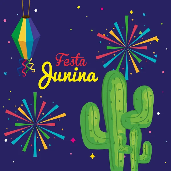Festa junina con cactus e decorazione, festa brasiliana di giugno, decorazione festiva — Vettoriale Stock