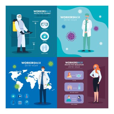 2019 ncov 'a karşı tıbbi maske takan grup işçileri