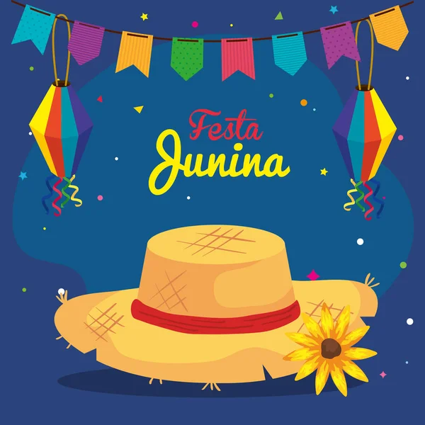 Festa junina com chapéu de vime e decoração, brasil junho festival — Vetor de Stock