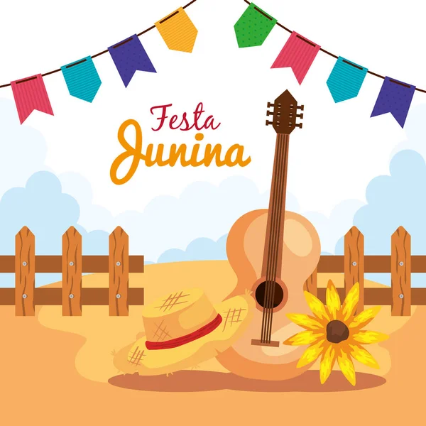 Festa junina con guitarra y decoración, festival de junio brasileño, decoración de celebración — Archivo Imágenes Vectoriales