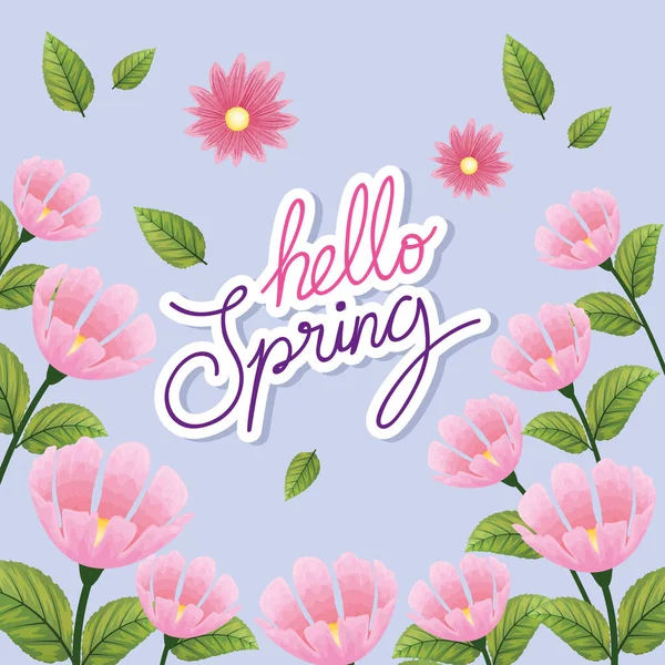 Olá primavera, lettering primavera temporada com flores cor-de-rosa e folhas natureza decoração — Vetor de Stock