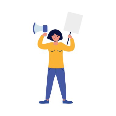 Genç bir kadın megafon ve afişle protesto ediyor.