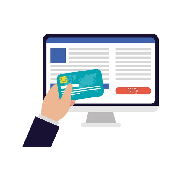 Comercio electrónico en línea de negocios en el escritorio con tarjeta de crédito — Vector de stock