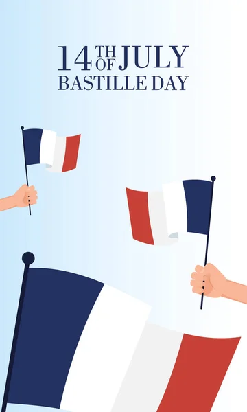 Tarjeta de celebración del día de la bastilla con banderas de francia ondeando a mano — Archivo Imágenes Vectoriales