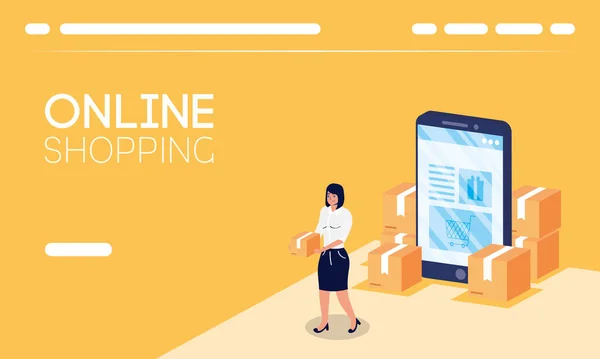 Ψώνια online ecommerce με κουτιά ανύψωσης γυναίκα και smartphone — Διανυσματικό Αρχείο