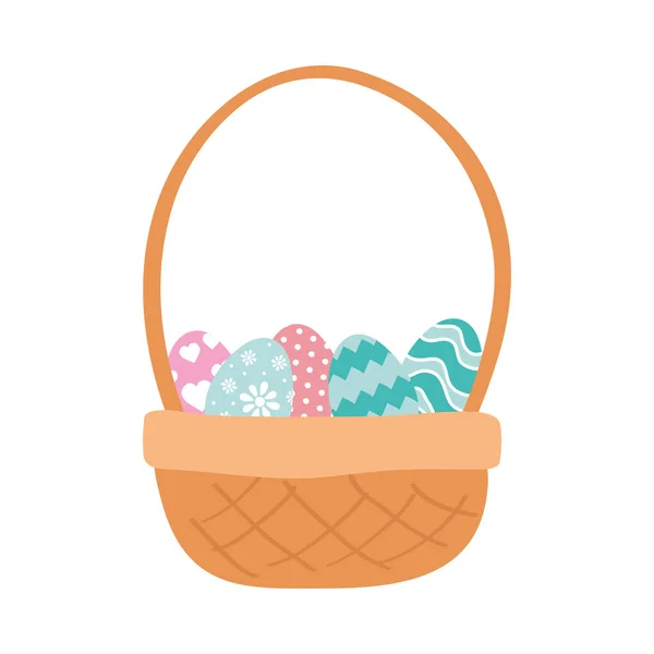 Happy easter eggs painted in basket — Stock Vector