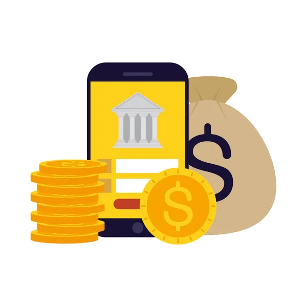 Ecommerce online de negócios com smartphone e dinheiro — Vetor de Stock