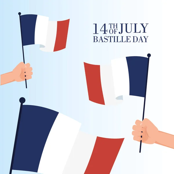 Tarjeta de celebración del día de la bastilla con banderas de francia ondeando a mano — Vector de stock