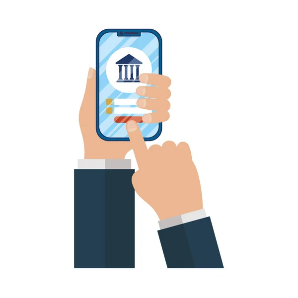 Business-Online-Handel mit den Händen über Smartphone und Bankgebäude — Stockvektor