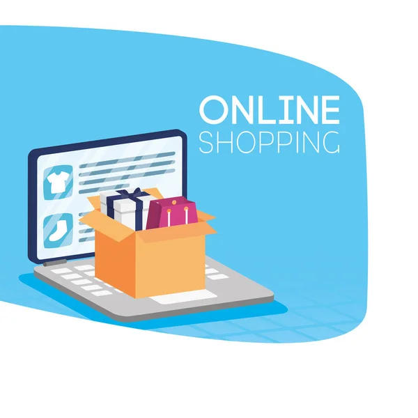 Shopping online e-commerce con computer portatile e imballaggi in scatola — Vettoriale Stock
