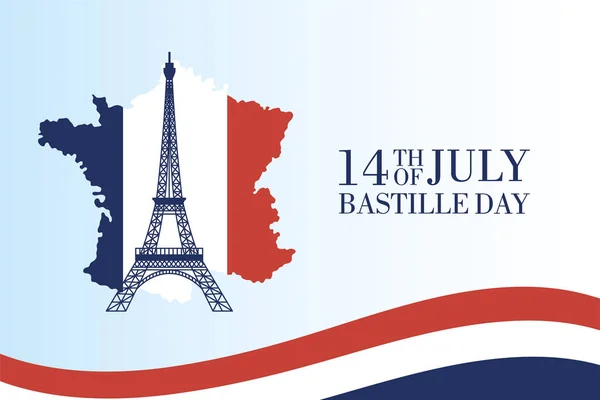 Tarjeta de celebración del día de la bastilla con torre eiffel y mapa de Francia — Archivo Imágenes Vectoriales