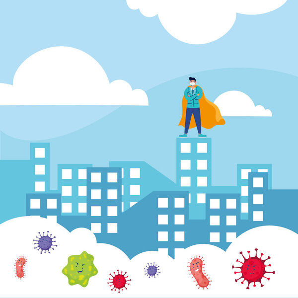 героический врач в медицинской маске в городском пейзаже
