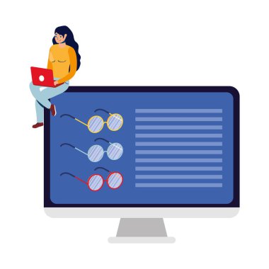 Laptop ve masaüstü kullanan bir kadınla iş çevrimiçi ekommerce