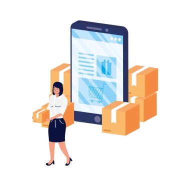 Akıllı telefon ve kutu kullanan bir kadınla çevrimiçi iş ekommerce
