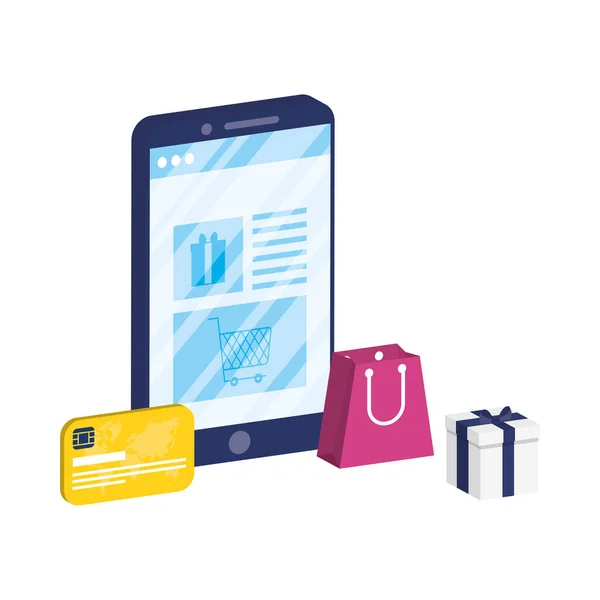 Commerce électronique en ligne d'affaires avec smartphone et carte de crédit — Image vectorielle