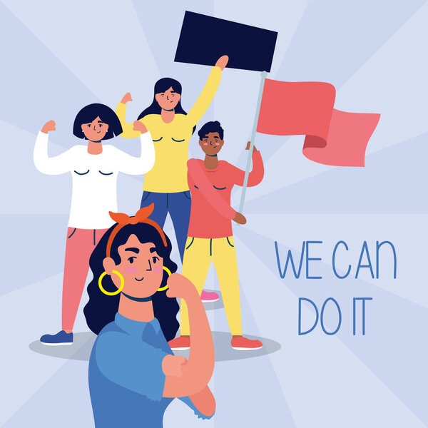 межрасовые женщины протестуют с плакатами и флагами
