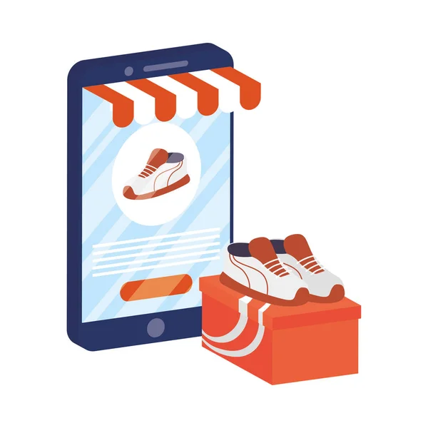 Commerce électronique en ligne d'affaires avec smartphone achetant des chaussures de tennis — Image vectorielle